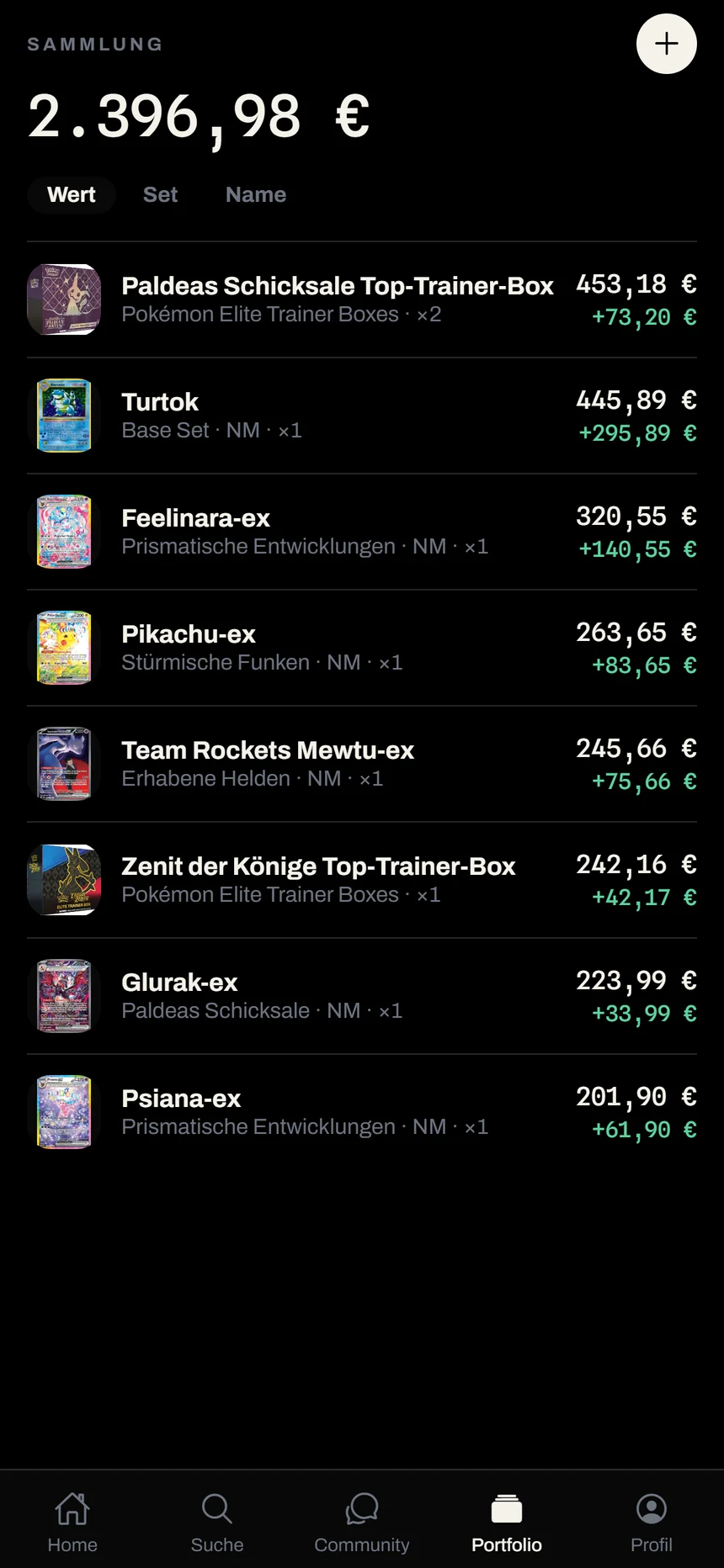 meinTCG-App: Sammlung nach Wert sortiert